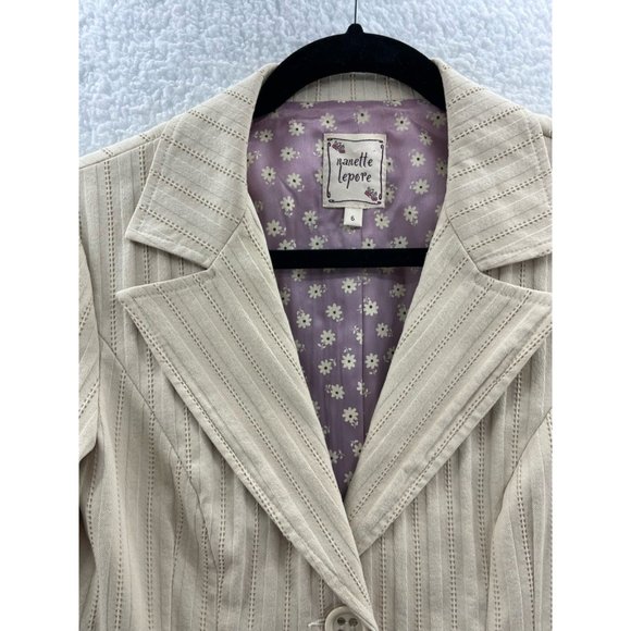 Nanette Lepore Womens Blazer Beige Stripe Long Sleeve Ruffle Pockets Stretch 6 - Picture 8 of 10